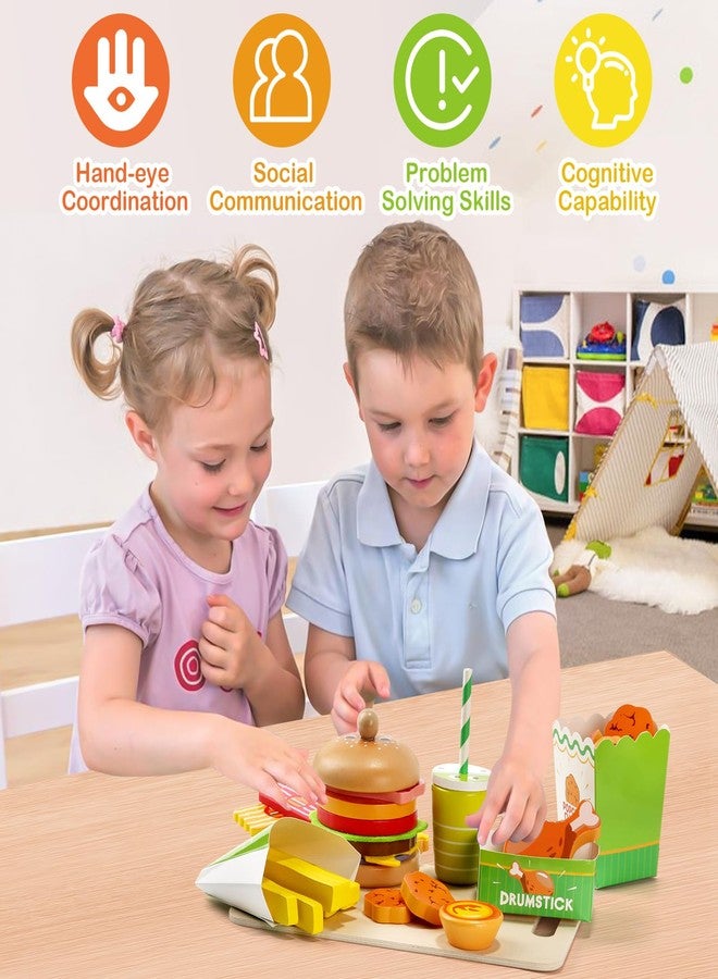 Gserin Wooden Hamburger Play Food Set for Kids, Fast Food Playset with Tray, Pretend Play Kitchen Accessories for Toddlers - Image 2